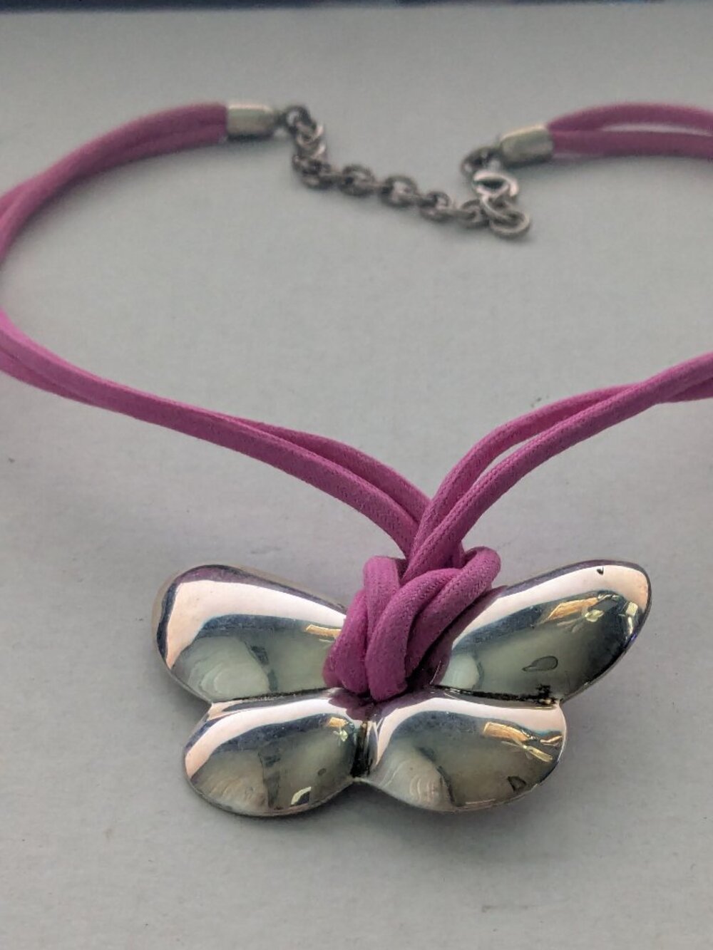 ATI 925 Sterling Silver Mexico Large Butterfly Pink Corded Necklace